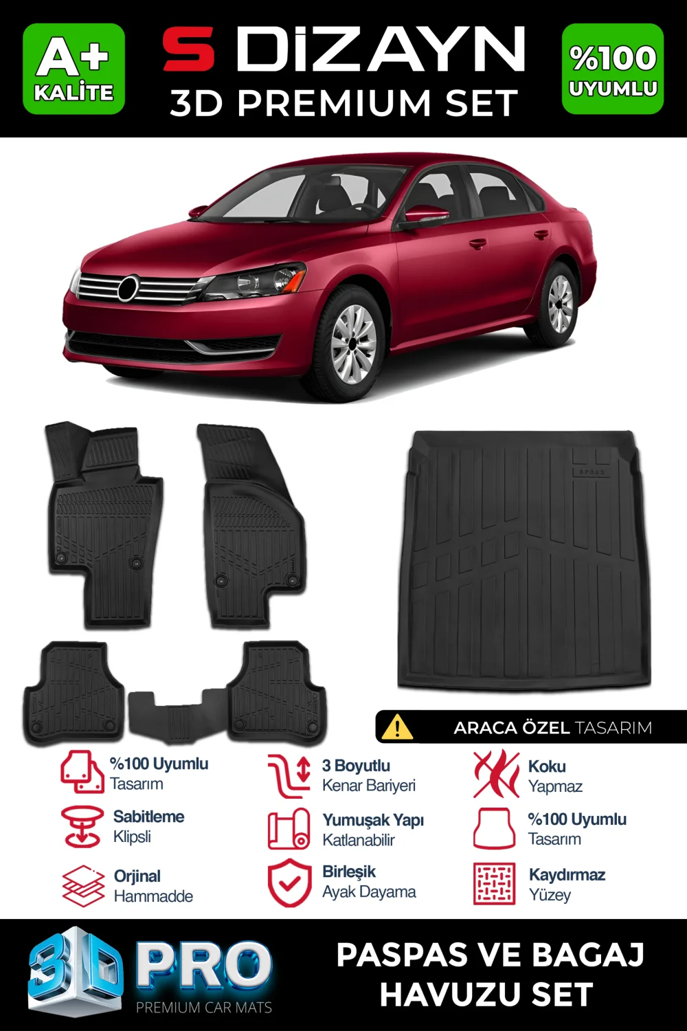 S-Dizayn VW Passat B7 3D Pro Havuzlu Paspas ve Bagaj Havuzu Seti (2'li SET) 2010-2014 A+ Kalite