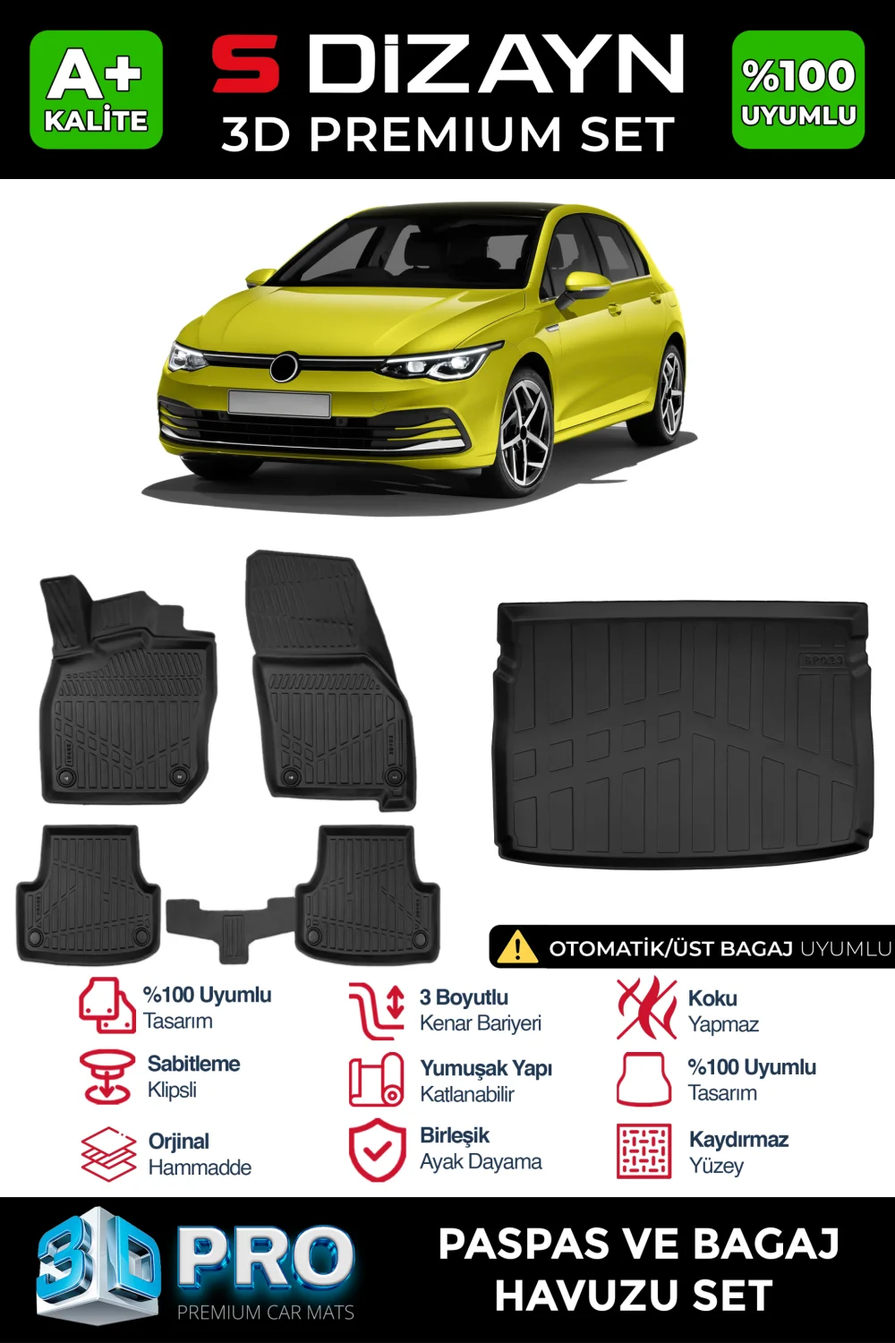 S-Dizayn VW Golf 8 Otomatik 3D Pro Havuzlu Paspas ve Üst Bagaj Havuzu Seti (2'li SET) 2021-2024 A+ Kalite
