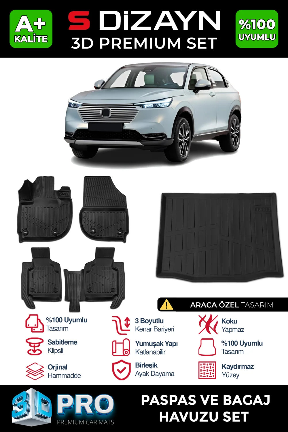 S-Dizayn Honda HR-V 3D Pro Havuzlu Paspas ve Bagaj Havuzu Seti (2'li SET) 2020 Üzeri A+ Kalite