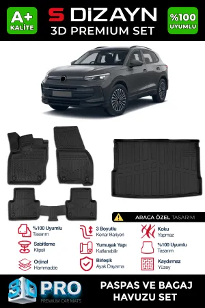 Volkswagen Tiguan 2024-Günümüz uyumlu VW 3D Pro Havuzlu Paspas ve Bagaj Havuzu (2'li SET) 2024 Üzeri A+ Kalite modelleri Oto Aksesuar Shop'de. Kaliteli
