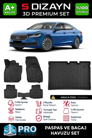 Skoda Superb 2023-Günümüz (NZ) uyumlu 3D Pro Havuzlu Paspas ve Bagaj Havuzu (2'li SET) 2024 Üzeri A+ Kalite modelleri Oto Aksesuar Shop'de. Kaliteli malzeme,
