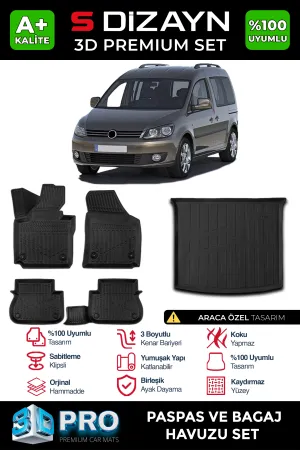 Drs Tuning Vw Caddy 3D Pro Havuzlu Paspas Ve Bagaj Havuzu Seti (2'Li Set) 2010-2015 A+ Kalite