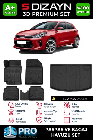 Kia Rio 2017-2023 (YB) uyumlu 3D Pro Havuzlu Paspas ve Bagaj Havuzu (2'li SET) 2017-2023 A+ Kalite modelleri Oto Aksesuar Shop'de. Kaliteli malzeme, hızlı