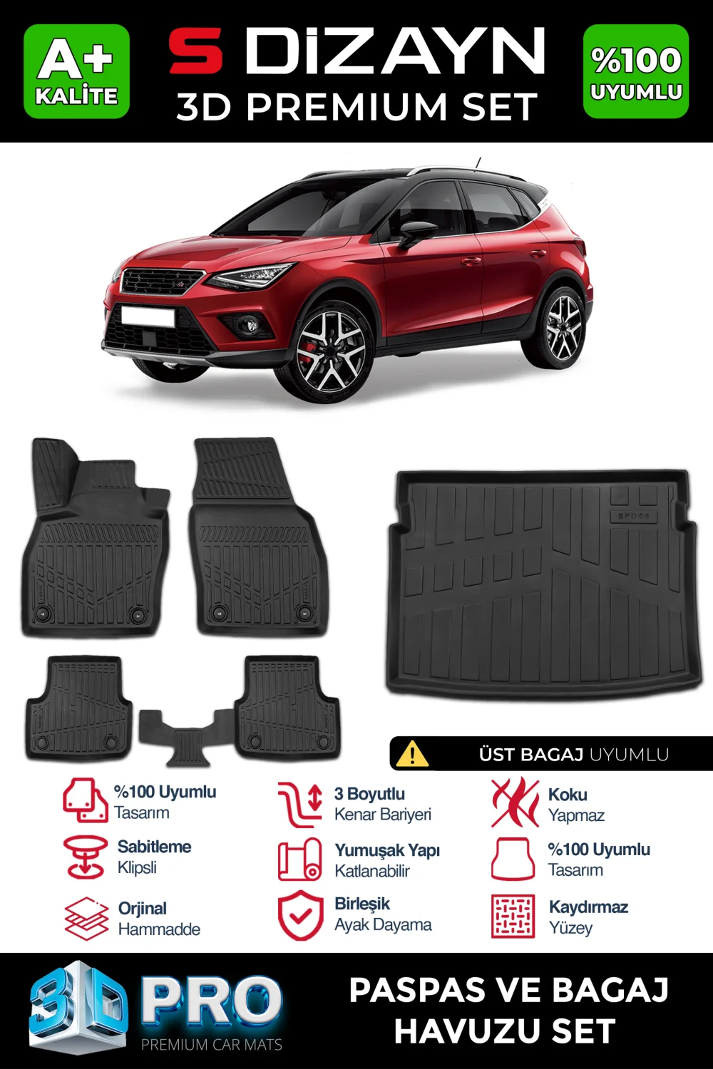 S-Dizayn Seat Arona 3D Pro Havuzlu Paspas ve Üst Bagaj Havuzu Seti (2'li SET) 2017 Üzeri A+ Kalite