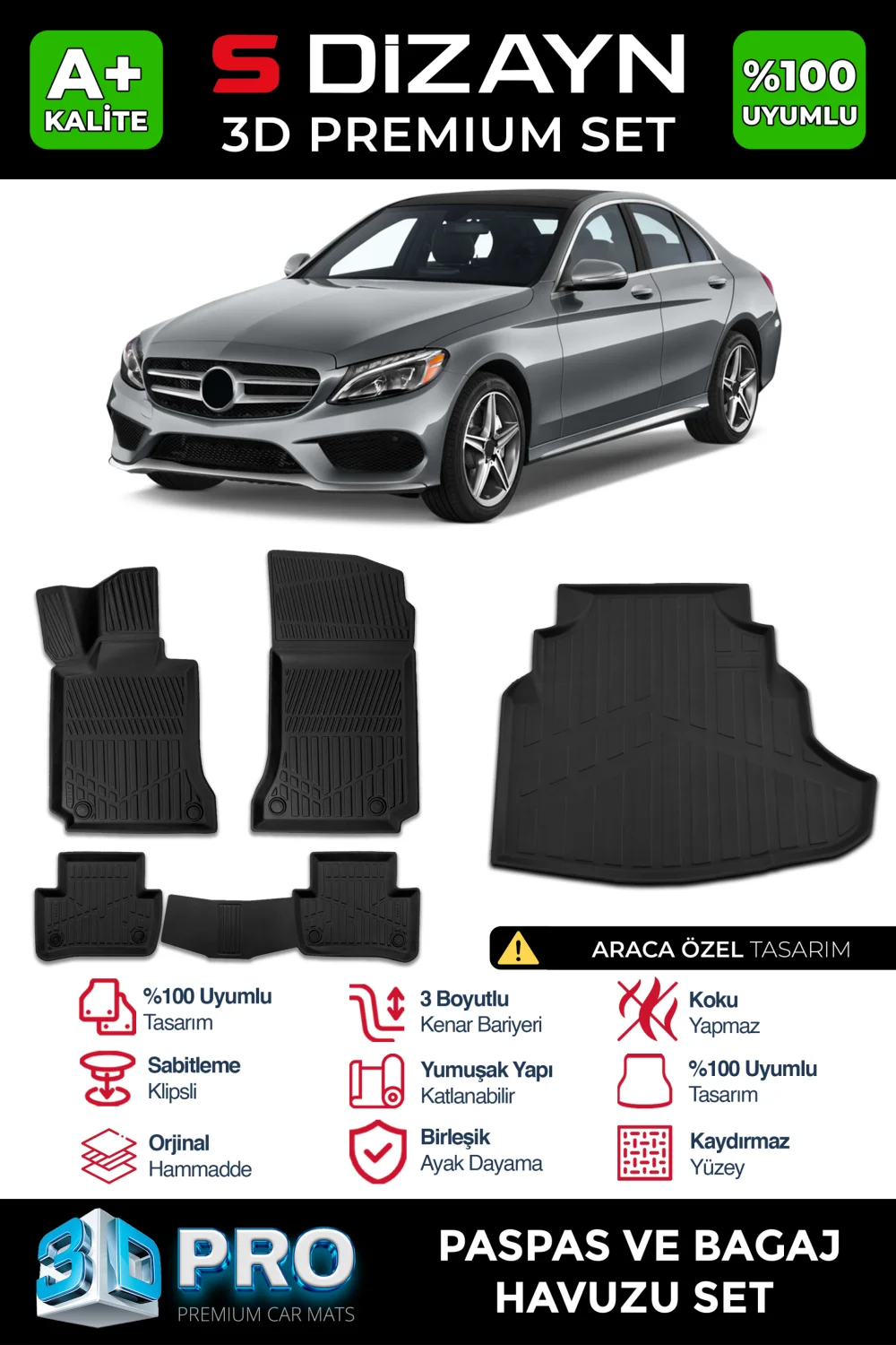 S-Dizayn Mercedes C Serisi W205 3D Pro Havuzlu Paspas ve Bagaj Havuzu Seti (2'li SET) 2014-2020 A+ Kalite