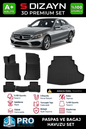 S-Dizayn Mercedes C Serisi W205 3D Pro Havuzlu Paspas ve Bagaj Havuzu Seti (2'li SET) 2014-2020 A+ Kalite thumb 1
