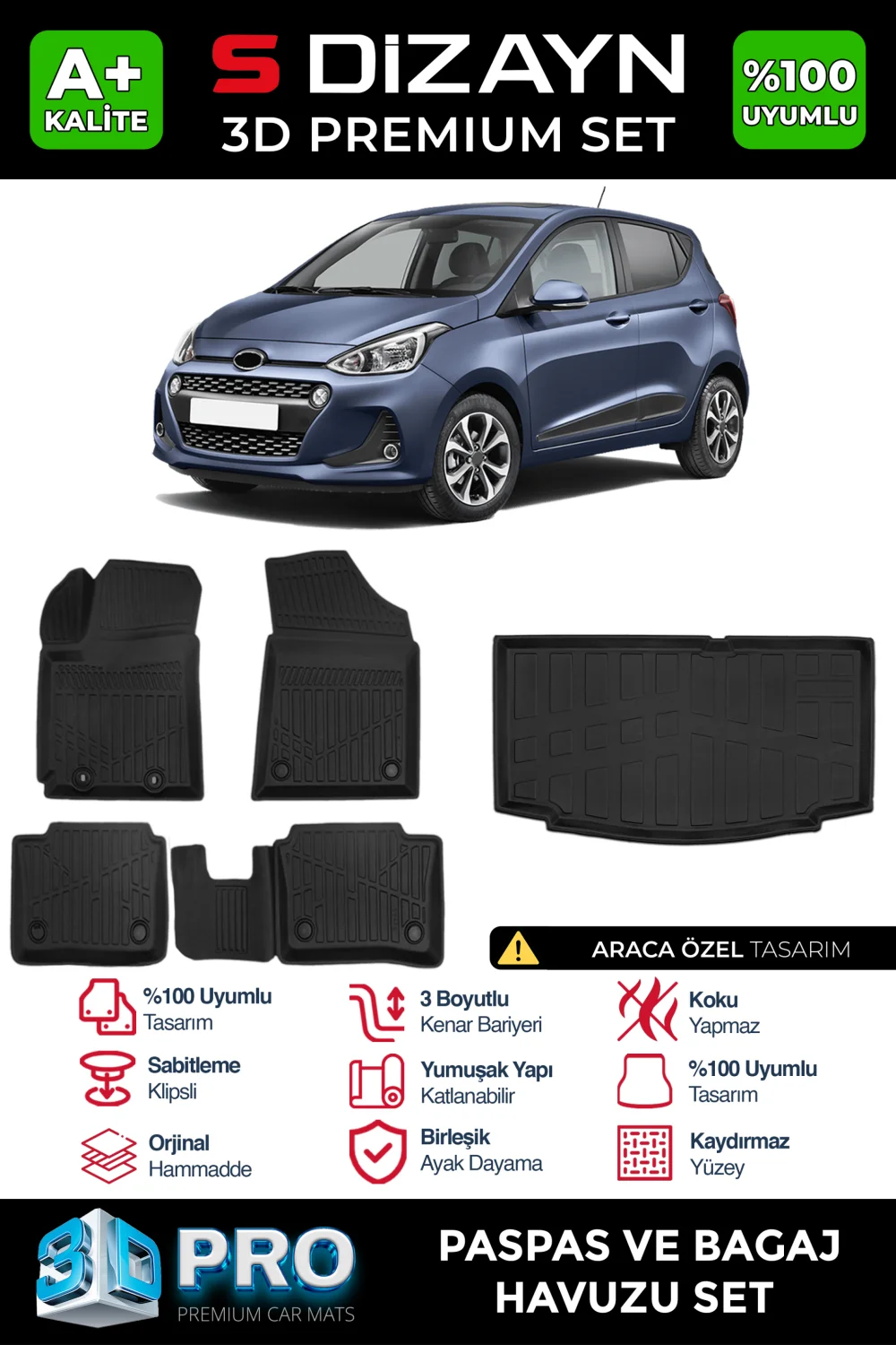 S-Dizayn Hyundai i10 3D Pro Havuzlu Paspas ve Bagaj Havuzu Seti (2'li SET) 2013-2019 A+ Kalite