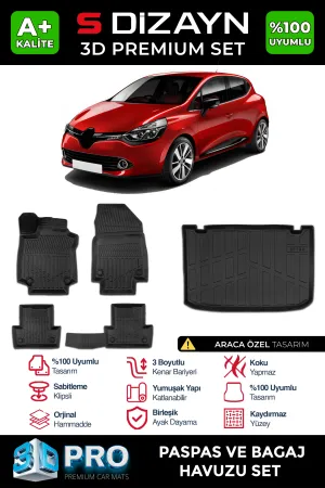S-Dizayn Renault Clio 4 3D Pro Havuzlu Paspas ve Bagaj Havuzu Seti (2'li SET) 2012-2019 A+ Kalite thumb 1