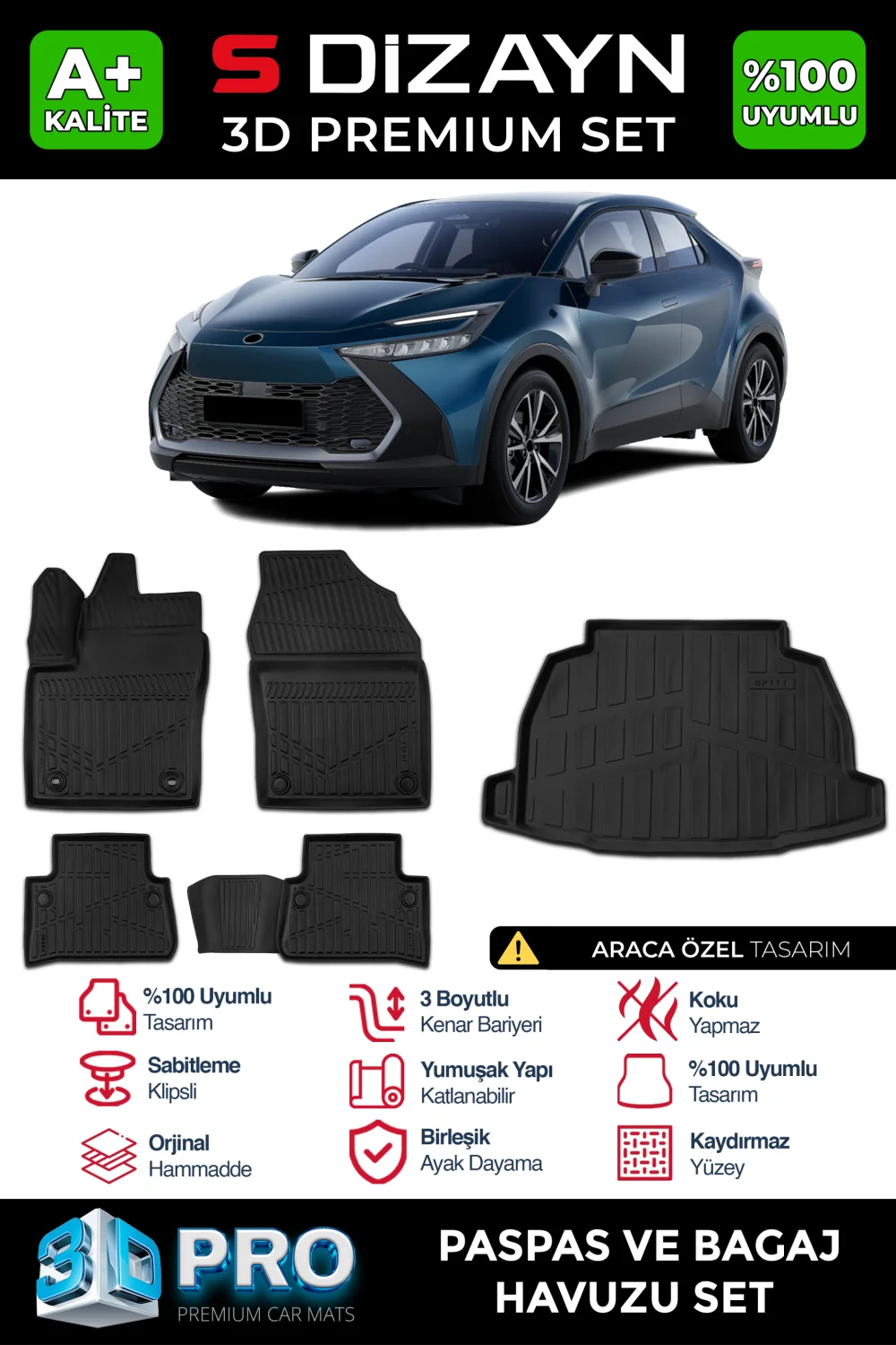 S-Dizayn Toyota C-HR 3D Pro Havuzlu Paspas ve Bagaj Havuzu Seti (2'li SET) 2023 Üzeri A+ Kalite