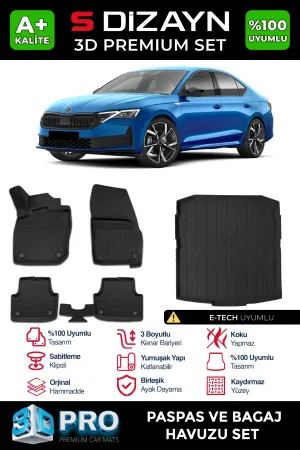 Skoda Octavia 2019-Günümüz (NX) uyumlu 4 A8 E-Tech 3D Pro Havuzlu Paspas ve Bagaj Havuzu (2'li SET) 2024 Üzeri A+ Kalite modelleri Oto Aksesuar Shop'de.