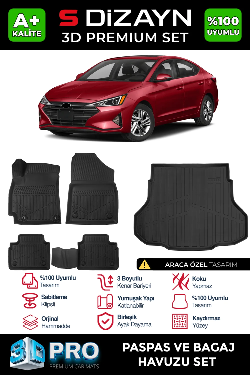 S-Dizayn Hyundai Elantra 3D Pro Havuzlu Paspas ve Bagaj Havuzu Seti (2'li SET) 2020 Üzeri A+ Kalite