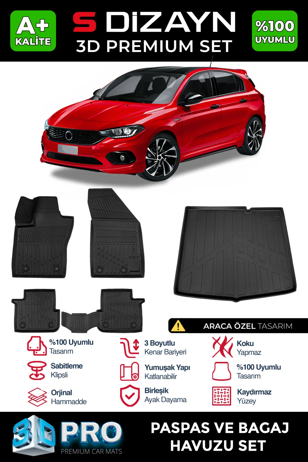 S-Dizayn Fiat Egea HB 3D Pro Havuzlu Paspas ve Bagaj Havuzu Seti (2'li SET) 2015 Üzeri A+ Kalite