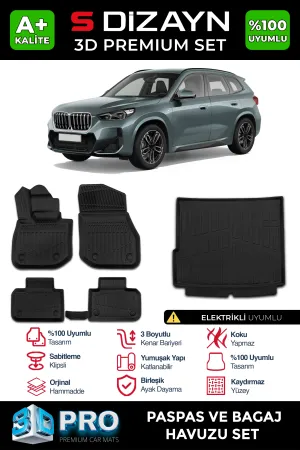 BMW iX1 2022-Günümüz (U11) uyumlu 3D Pro Havuzlu Paspas ve Bagaj Havuzu (2'li SET) 2024 Üzeri A+ Kalite modelleri Oto Aksesuar Shop'de. Kaliteli malzeme, hızlı