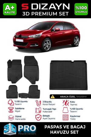 Citroen C4 2010-2018 (B7) uyumlu 3D Pro Havuzlu Paspas ve Bagaj Havuzu (2'li SET) 2010-2018 A+ Kalite modelleri Oto Aksesuar Shop'de. Kaliteli malzeme, hızlı