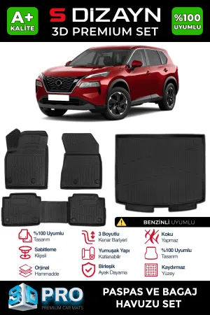 Nissan X-Trail 2021-Günümüz (T33) uyumlu Benzinli 3D Pro Havuzlu Paspas ve Bagaj Havuzu (2'li SET) 2022 Üzeri A+ Kalite modelleri Oto Aksesuar Shop'de.