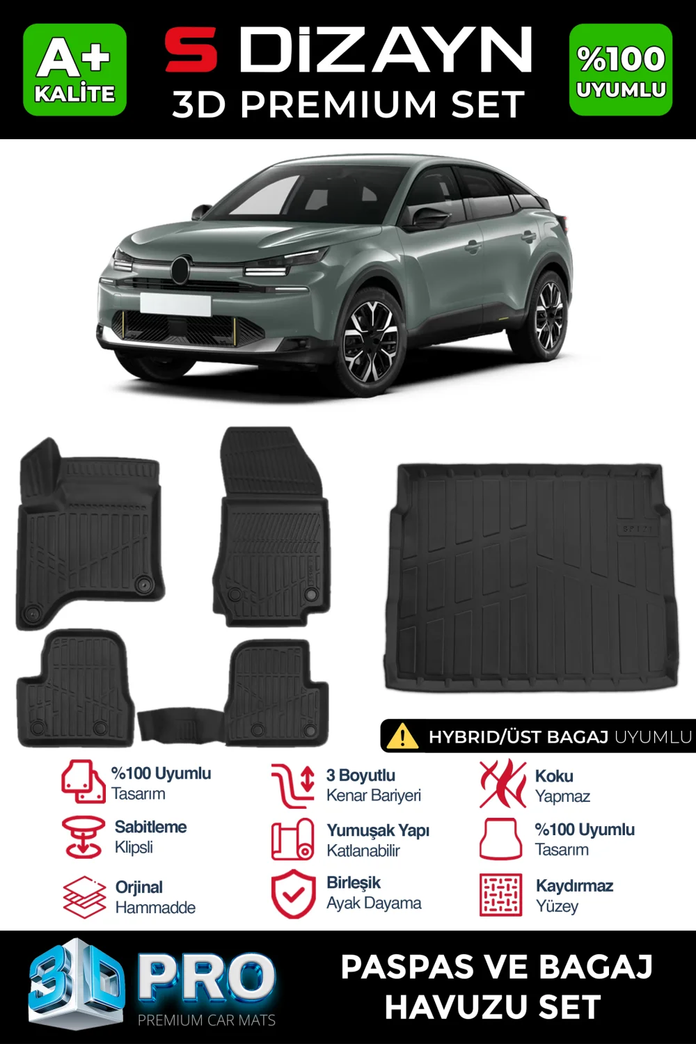 S-Dizayn Citroen C4 Hybrid 3D Pro Havuzlu Paspas ve Üst Bagaj Havuzu Seti (2'li SET) 2025 Üzeri A+ Kalite
