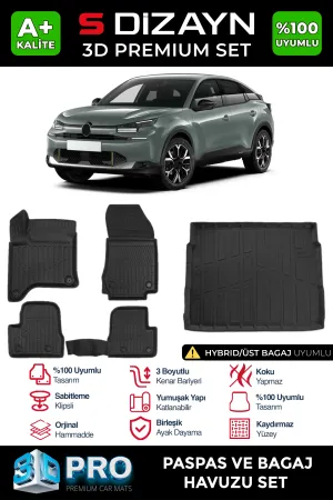 Citroen C4 / C4X 2022-Günümüz uyumlu C4 Hybrid 3D Pro Havuzlu Paspas ve Üst Bagaj Havuzu (2'li SET) 2025 Üzeri A+ Kalite modelleri Oto Aksesuar Shop'de.
