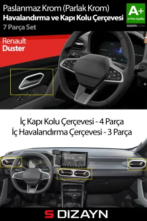 S-Dizayn Renault Duster Krom Havalandırma Ve İç Kapı Kolu Çerçevesi 7 Prç. 2024 Üzeri (Parlak Krom) A+ Kalite
