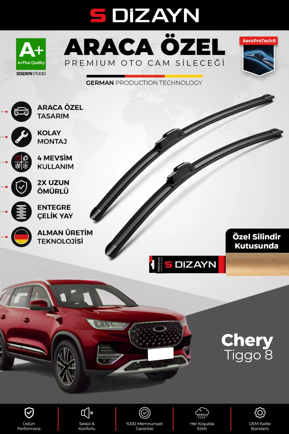 S-Dizayn Chery Tiggo 8 Ön Cam Silecek Seti 2023 Üzeri Premium Araca Özel 60-45 Cm  A+ Kalite