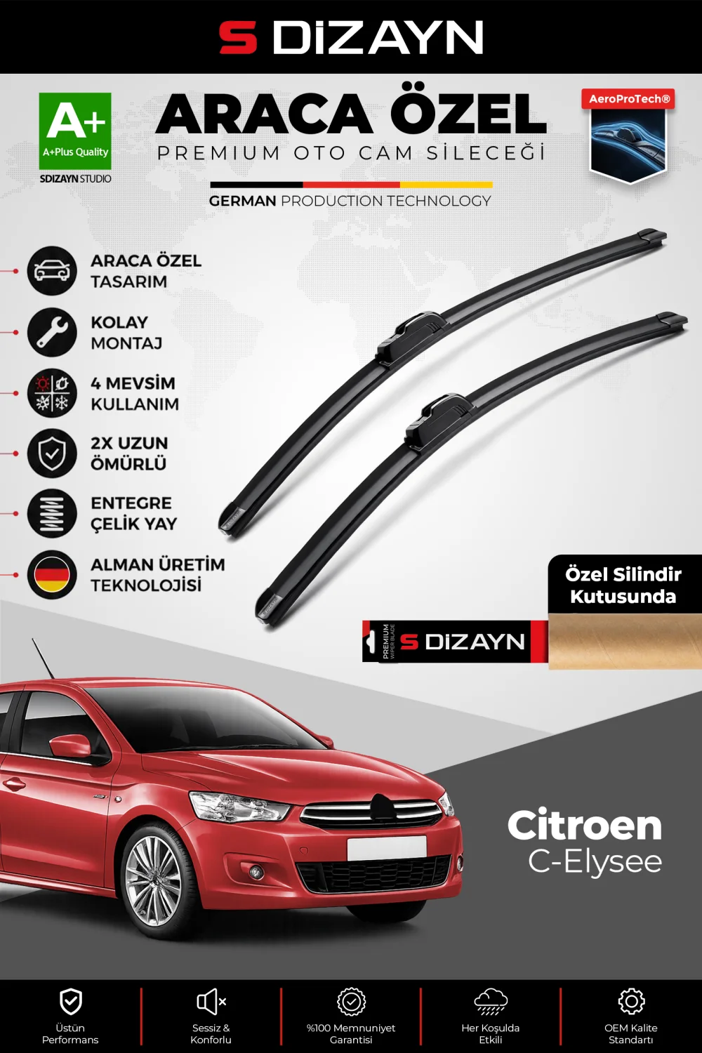 S-Dizayn Citroen C-Elysee Ön Cam Silecek Seti 2012 Üzeri Premium Araca Özel 60-40 Cm  A+ Kalite