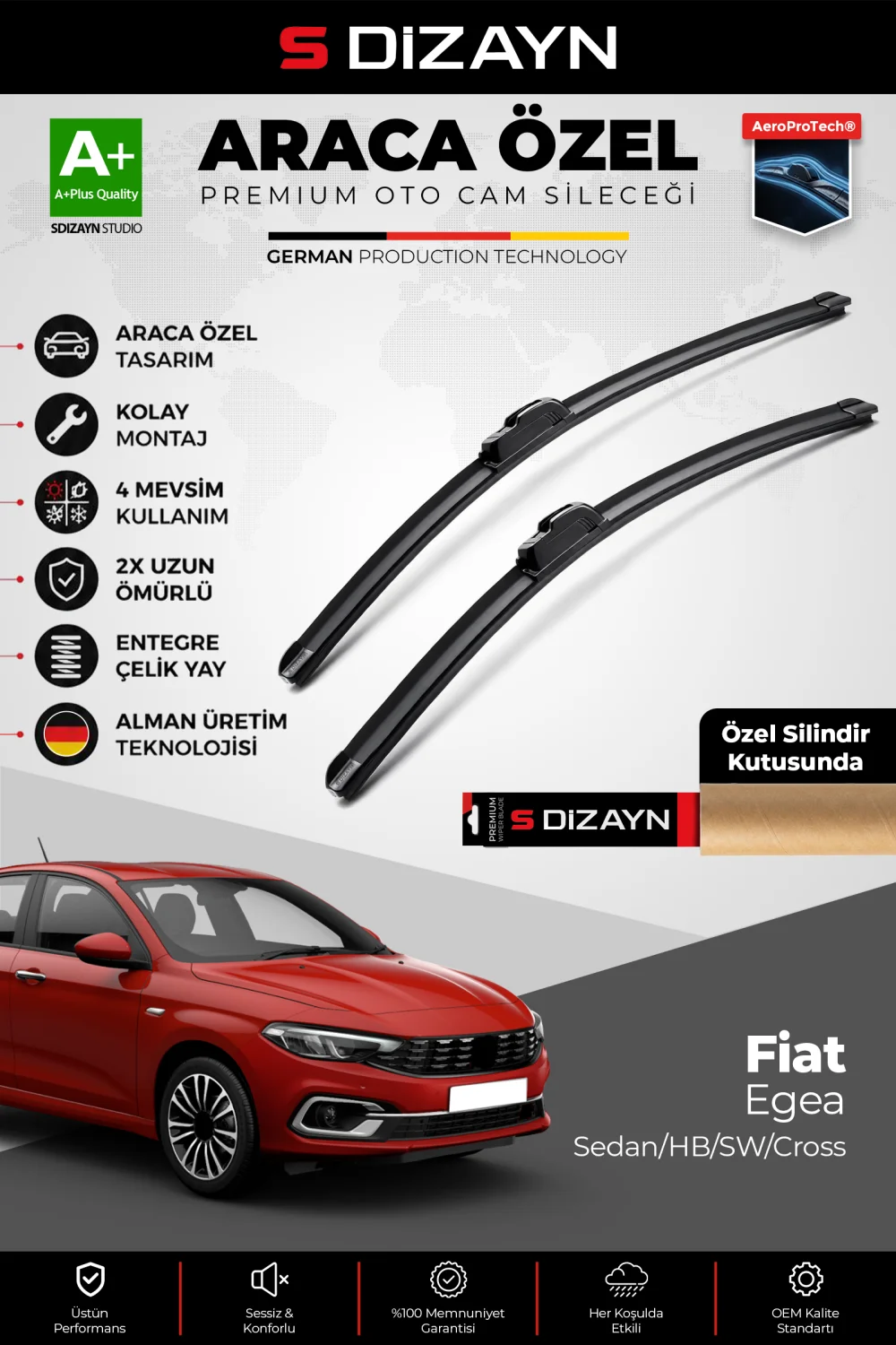 S-Dizayn Fiat Egea Ön Cam Silecek Seti 2015 Üzeri Premium Araca Özel 65-40 Cm  A+ Kalite
