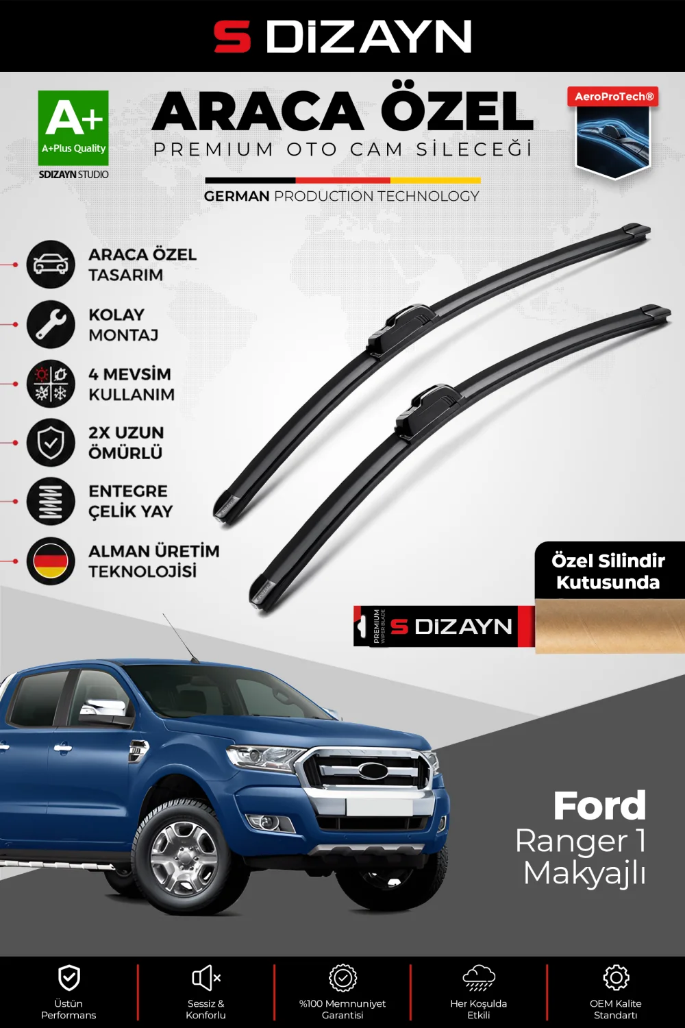 S-Dizayn Ford Ranger Ön Cam Silecek Seti 2015-2022 Premium Araca Özel 60-38 Cm  A+ Kalite