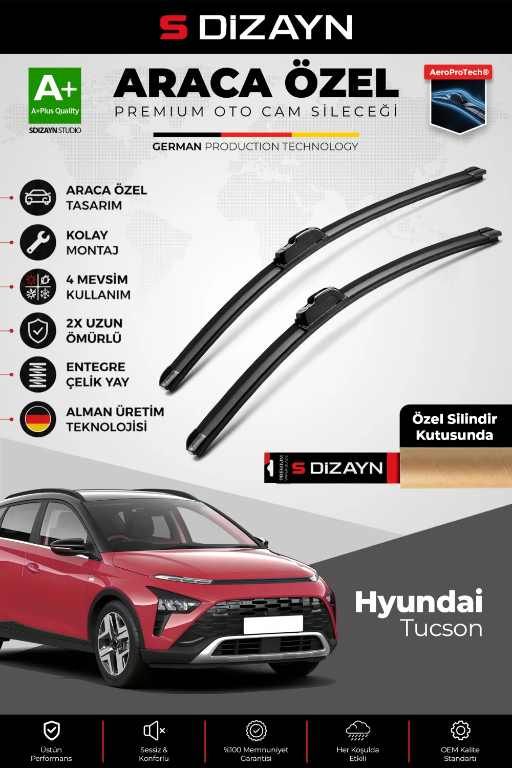 S-Dizayn Hyundai Tucson Ön Cam Silecek Seti 2020 Üzeri Premium Araca Özel 65-40 Cm  A+ Kalite
