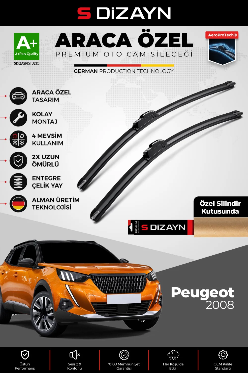 S-Dizayn Peugeot 2008 2 Ön Cam Silecek Seti 2019 Üzeri Premium Araca Özel 60-40 Cm  A+ Kalite
