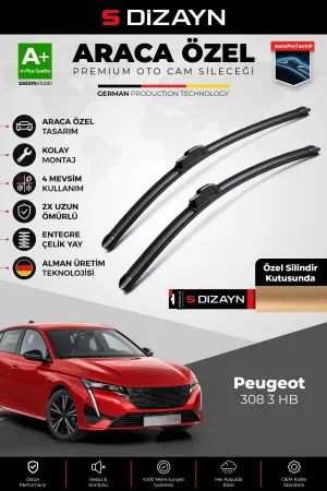 S-Dizayn Peugeot 308 3 Hb Ön Cam Silecek Seti 2021 Üzeri Premium Araca Özel 60-40 Cm  A+ Kalite