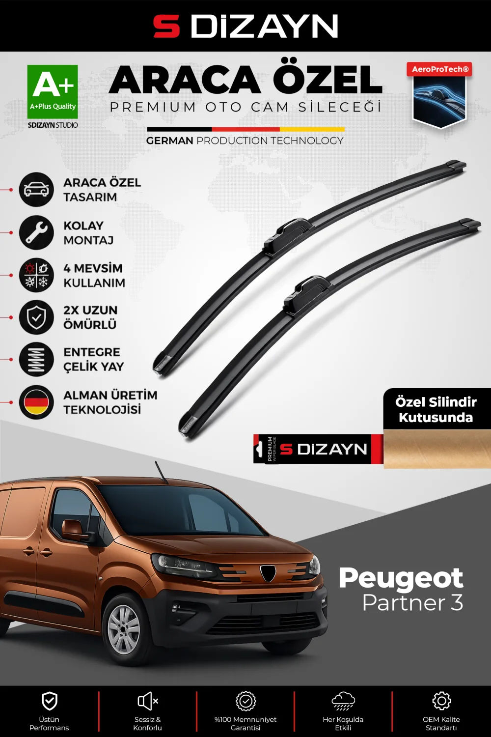 S-Dizayn Peugeot Partner 3 Ön Cam Silecek Seti 2018 Üzeri Premium Araca Özel 65-43 Cm  A+ Kalite