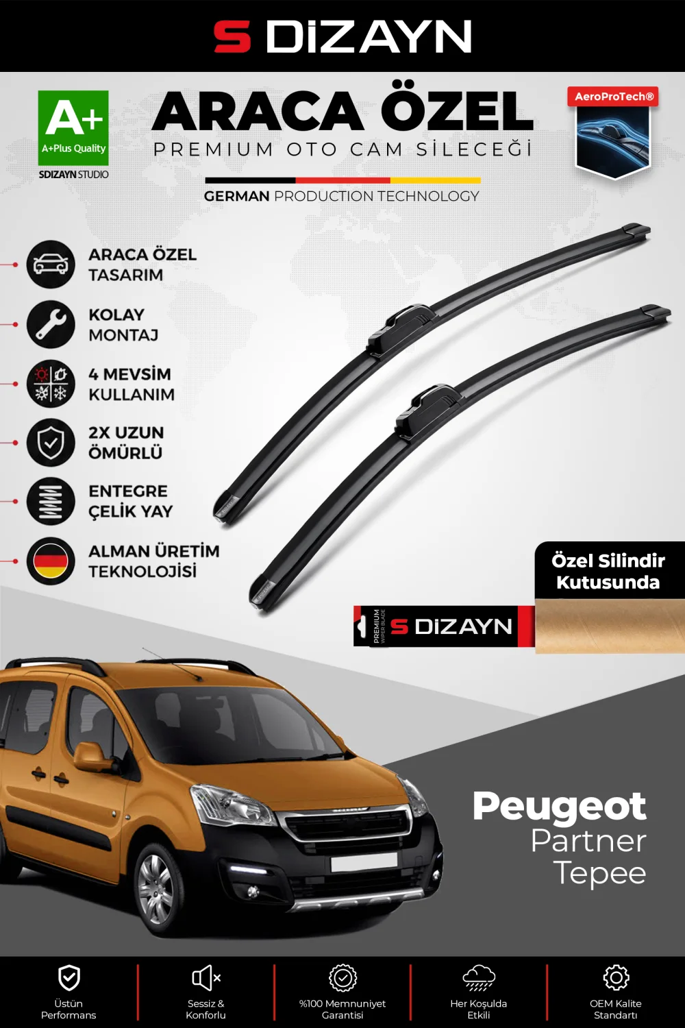Drs Tuning Peugeot Partner Tepee Ön Cam Silecek Seti 2008-2018 Premium Araca Özel 65-38 Cm  A+ Kalite