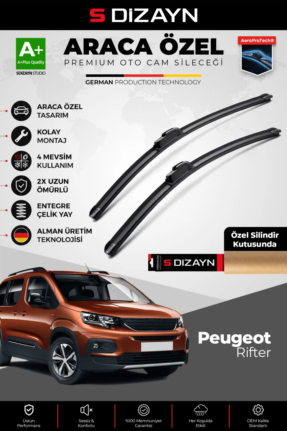 S-Dizayn Peugeot Rifter Ön Cam Silecek Seti 2019 Üzeri Premium Araca Özel 65-43 Cm  A+ Kalite