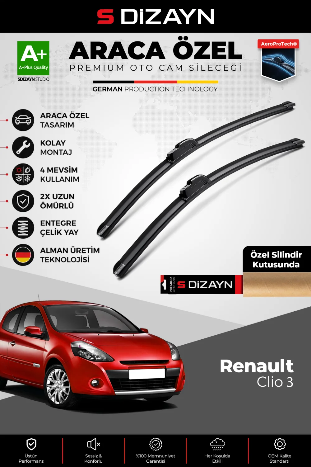 S-Dizayn Renault Clio 3 HB Ön Cam Silecek Seti 2005-2012 Premium Araca Özel 60-40 Cm  A+ Kalite