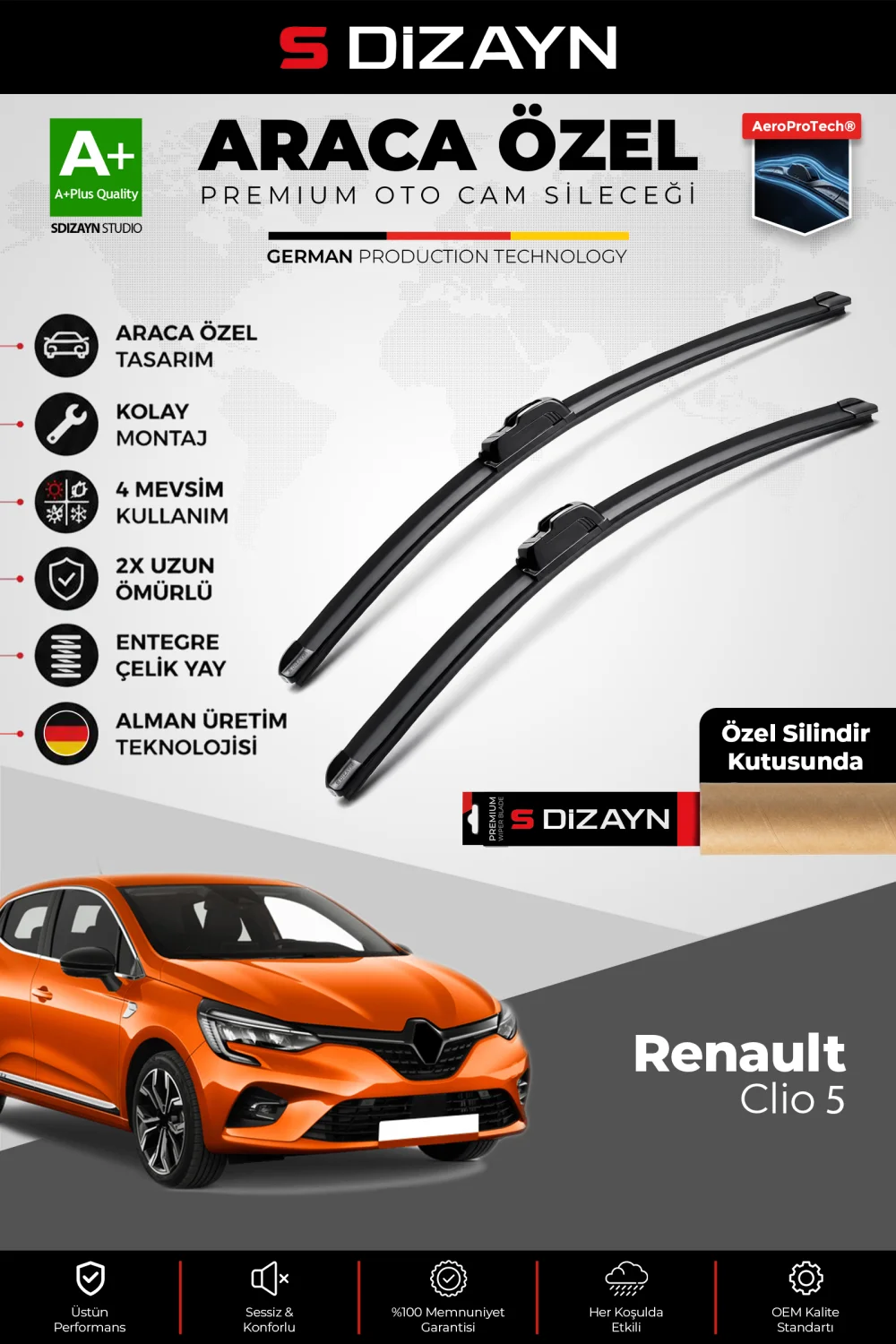 S-Dizayn Renault Clio 5 HB Ön Cam Silecek Seti 2019-2025 Premium Araca Özel 70-30 Cm  A+ Kalite
