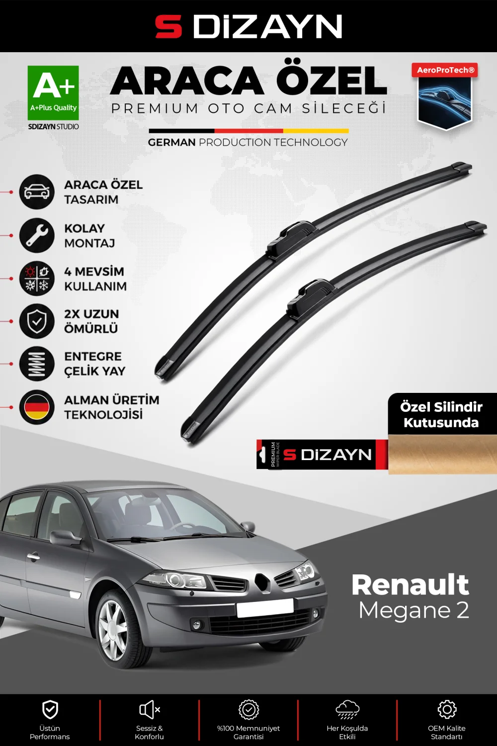 S-Dizayn Renault Megane 2 Ön Cam Silecek Seti 2002-2006 Premium Araca Özel 60-45 Cm  A+ Kalite