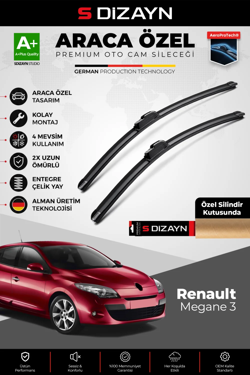 S-Dizayn Renault Megane 3 Ön Cam Silecek Seti 2009-2016 Premium Araca Özel 60-40 Cm  A+ Kalite