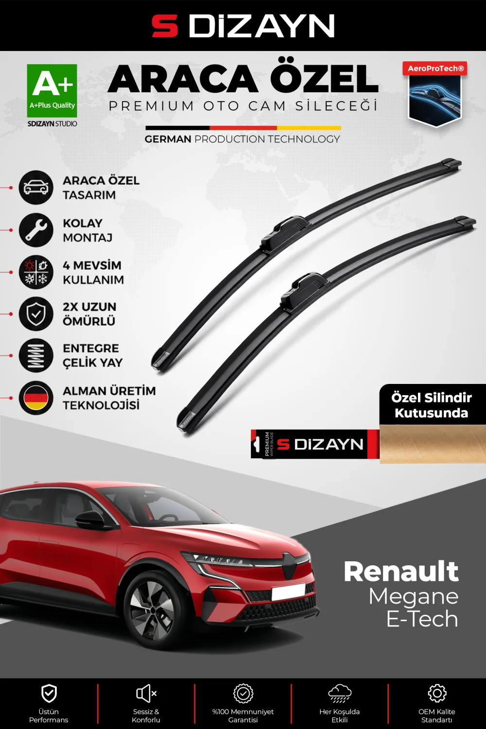 S-Dizayn Renault Megane E-Tech Ön Cam Silecek Seti 2021 Üzeri Premium Araca Özel 65-40 Cm  A+ Kalite
