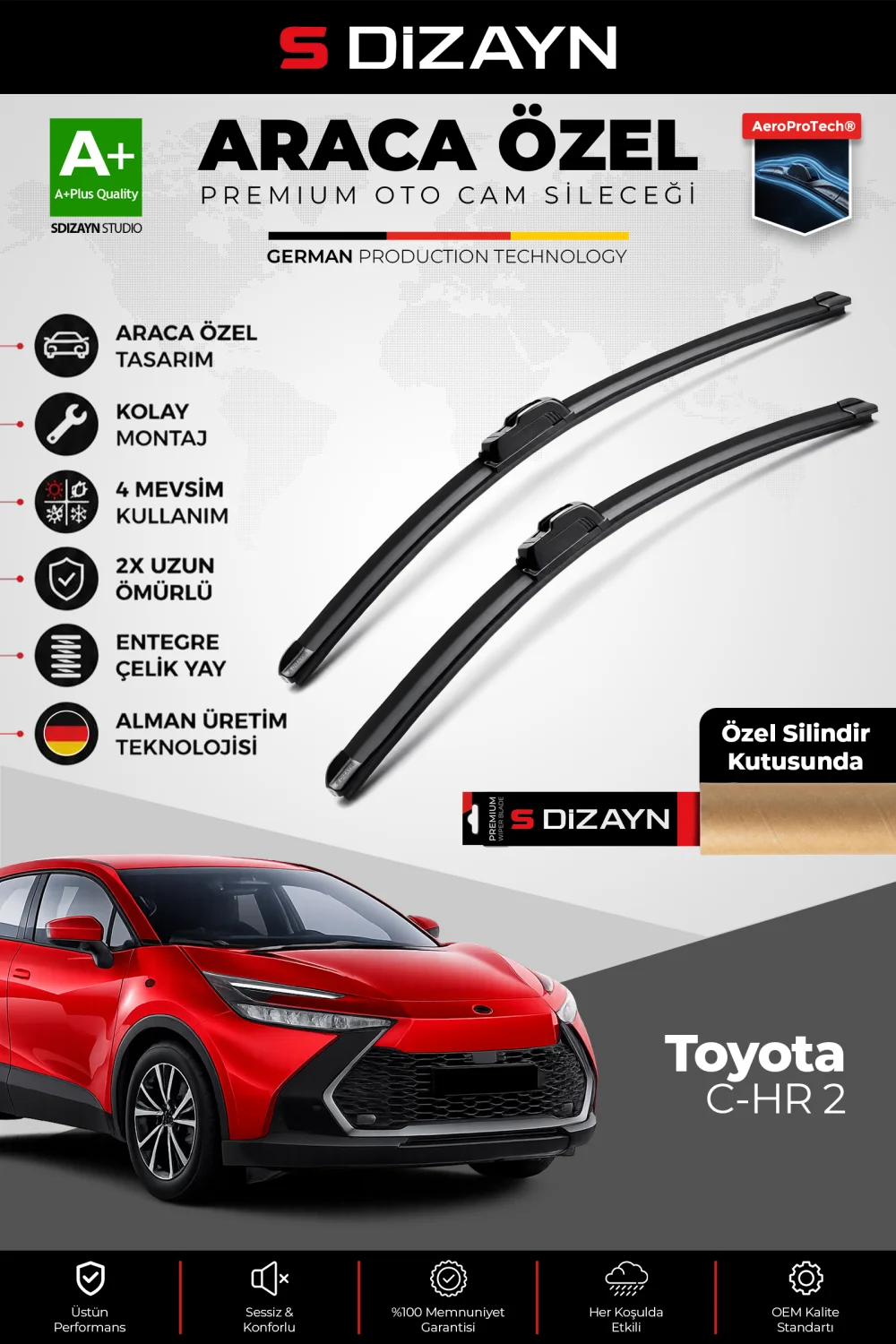 S-Dizayn Toyota C-HR Ön Cam Silecek Seti 2023 Üzeri Premium Araca Özel 70-35 Cm  A+ Kalite