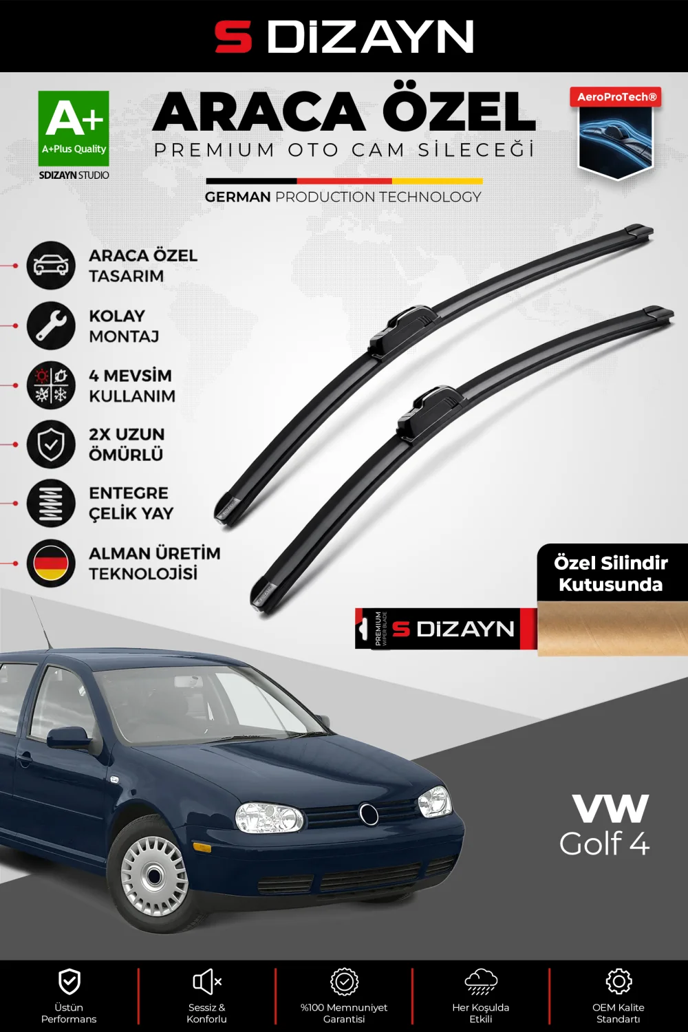 S-Dizayn VW Golf 4 Ön Cam Silecek Seti 1998-2002 Premium Araca Özel 53-48 Cm  A+ Kalite