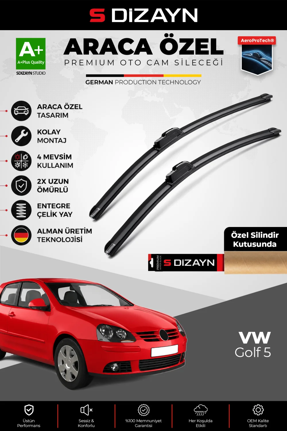S-Dizayn VW Golf 5 Ön Cam Silecek Seti 2004-2005 Premium Araca Özel 60-48 Cm  A+ Kalite