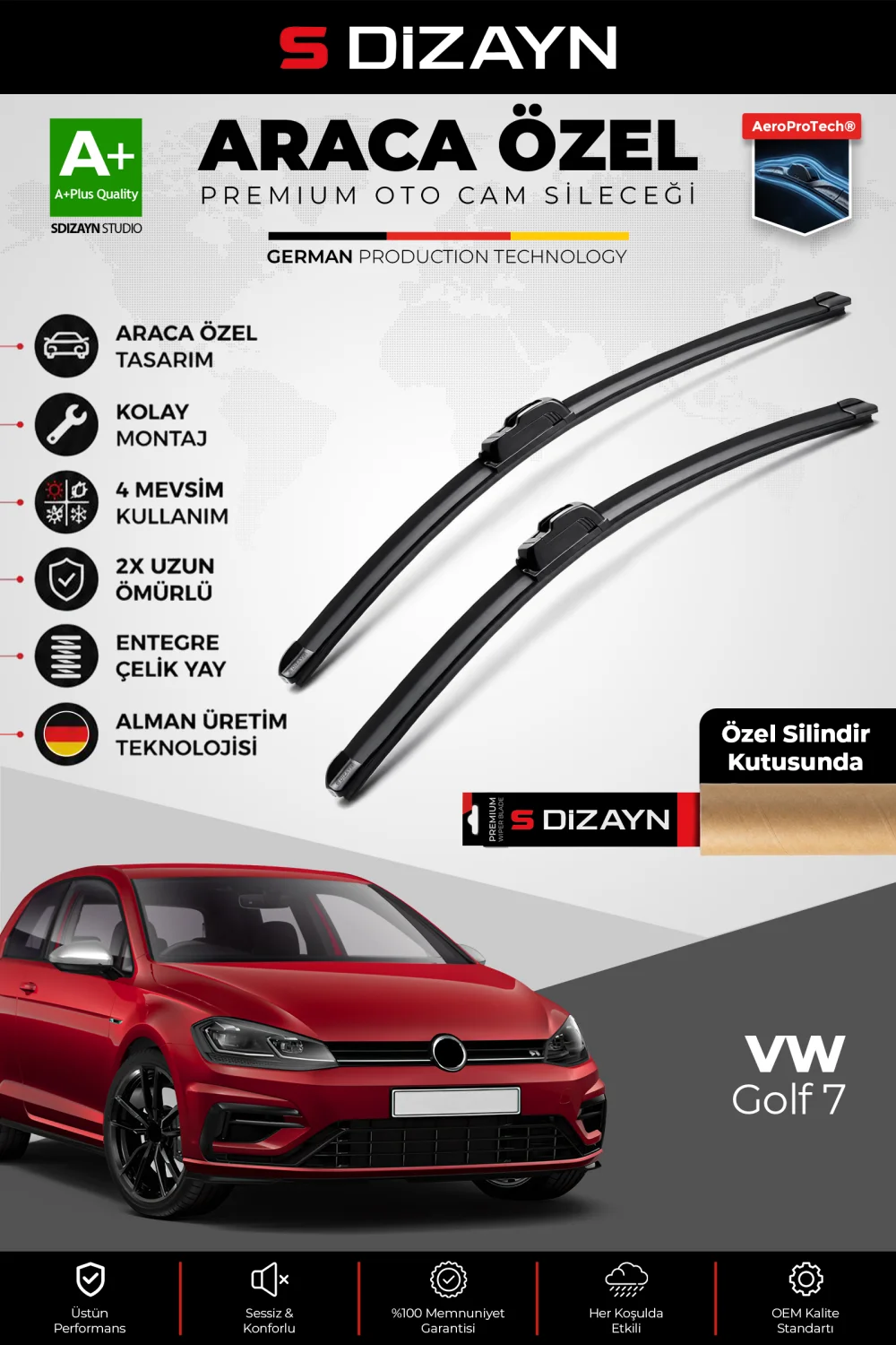 S-Dizayn VW Golf 7 Ön Cam Silecek Seti 2012-2020 Premium Araca Özel 65-45 Cm  A+ Kalite