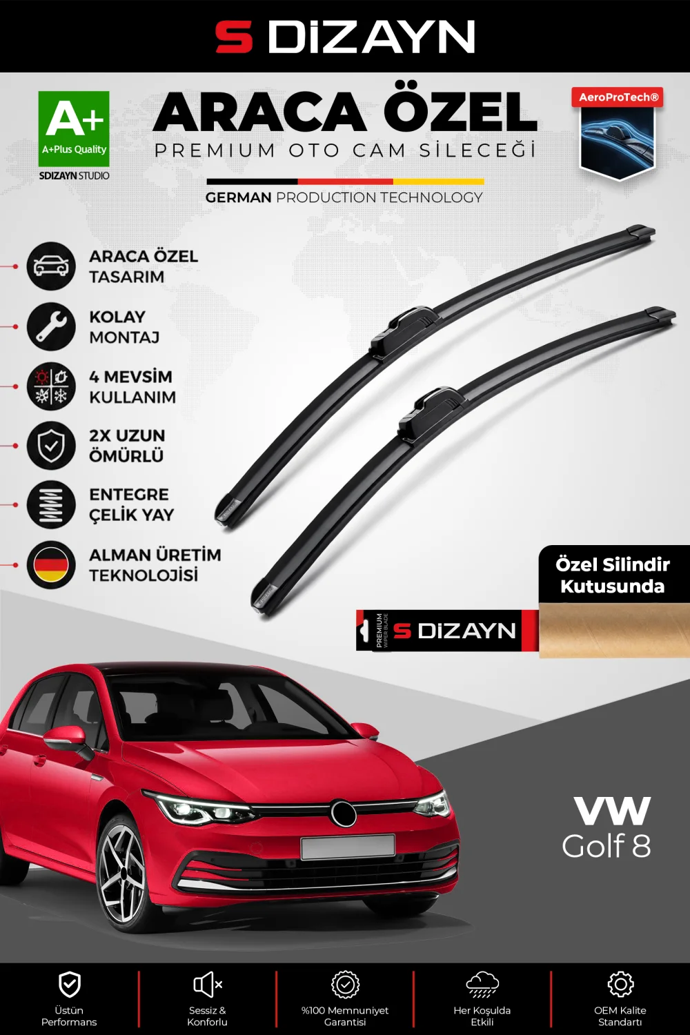 S-Dizayn VW Golf 8 Ön Cam Silecek Seti 2020 Üzeri Premium Araca Özel 65-45 Cm  A+ Kalite