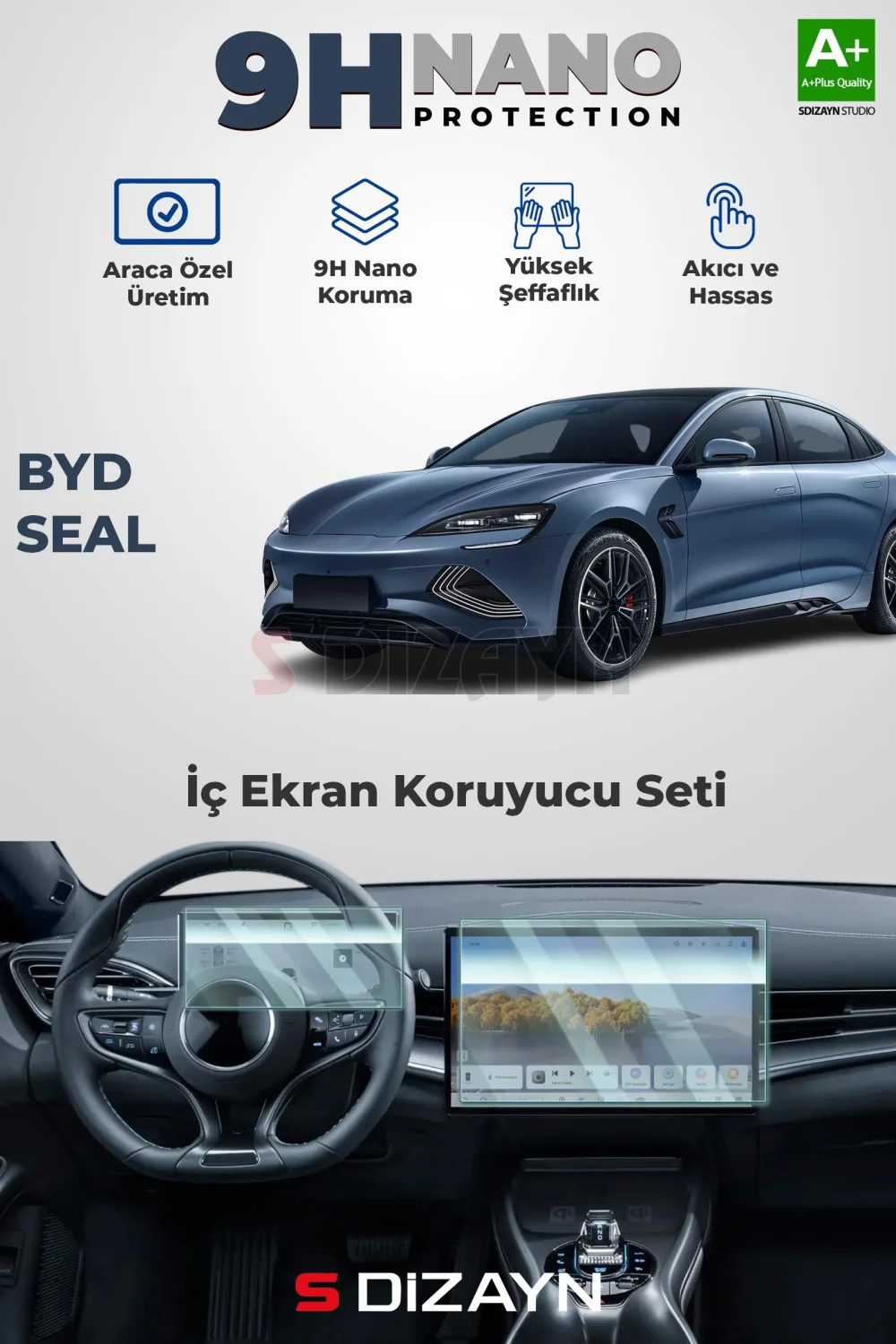 S-Dizayn BYD Seal Awd 9H Nano Gösterge ve Multimedya Ekran Koruyucu (PARLAK) 2024 Üzeri A+ Kalite