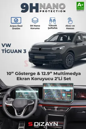 Volkswagen Tiguan 3 2024 Üzeri S-Dizayn 10 İnç Gösterge Ve 12.9 İnç Multimedya 9H Nano Ekran Koruyucu 2'Li Set Parlak A+ Kalite