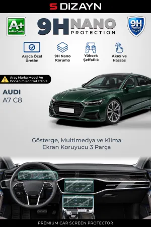 S-Dizayn Audi A7 12.3, 10.1 ve 8.6 İnç 9H Nano Gösterge, Multimedya ve Klima Ekran Koruyucu 3'Lü Set (PARLAK) 2019-2025 A+ Kalite