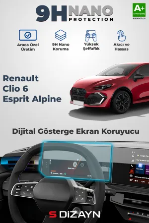 Renault Clio 2023-Günümüz (B7) uyumlu 6 Esprit Alpine 9H Nano Dijital Gösterge Ekran Koruyucu (PARLAK) 2026 Üzeri A+ Kalite modelleri Oto Aksesuar Shop'de.