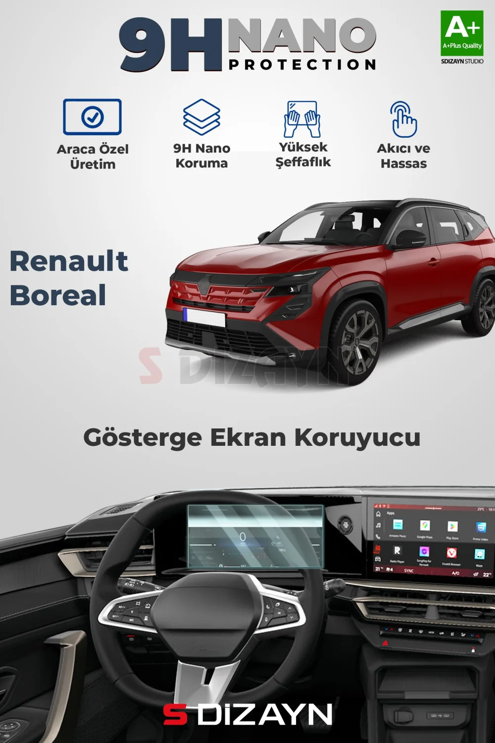S-Dizayn Renault Boreal 9H Nano Gösterge Ekran Koruyucu (PARLAK) 2025 Üzeri A+ Kalite