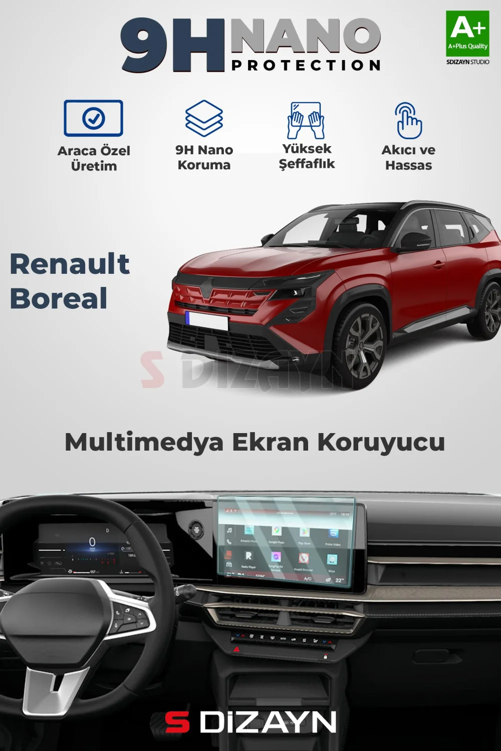 S-Dizayn Renault Boreal 9H Nano Multimedya Ekran Koruyucu (PARLAK) 2025 Üzeri A+ Kalite
