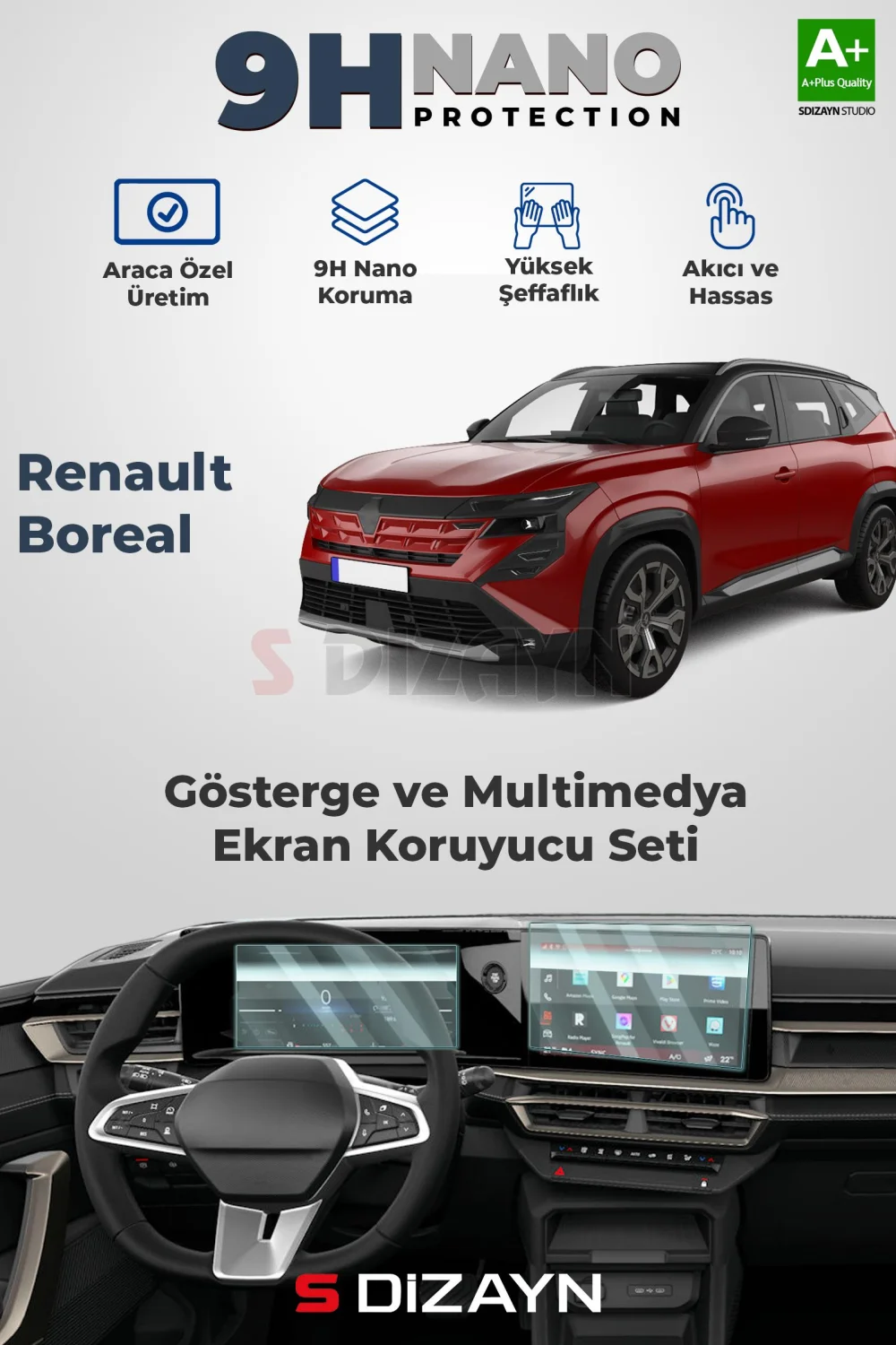 S-Dizayn Renault Boreal 9H Nano Gösterge ve Multimedya Ekran Koruyucu 2'Li Set (PARLAK) 2025 Üzeri A+ Kalite