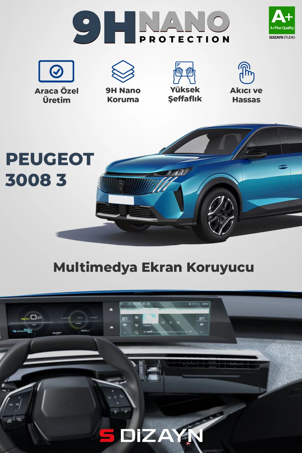 Drs Tuning Peugeot 3008 3 10 İnç 9H Nano Multimedya Ekran Koruyucu (PARLAK) 2024 Üzeri A+ Kalite